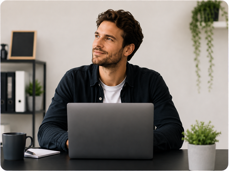 Manager zit tevreden achter zijn laptop